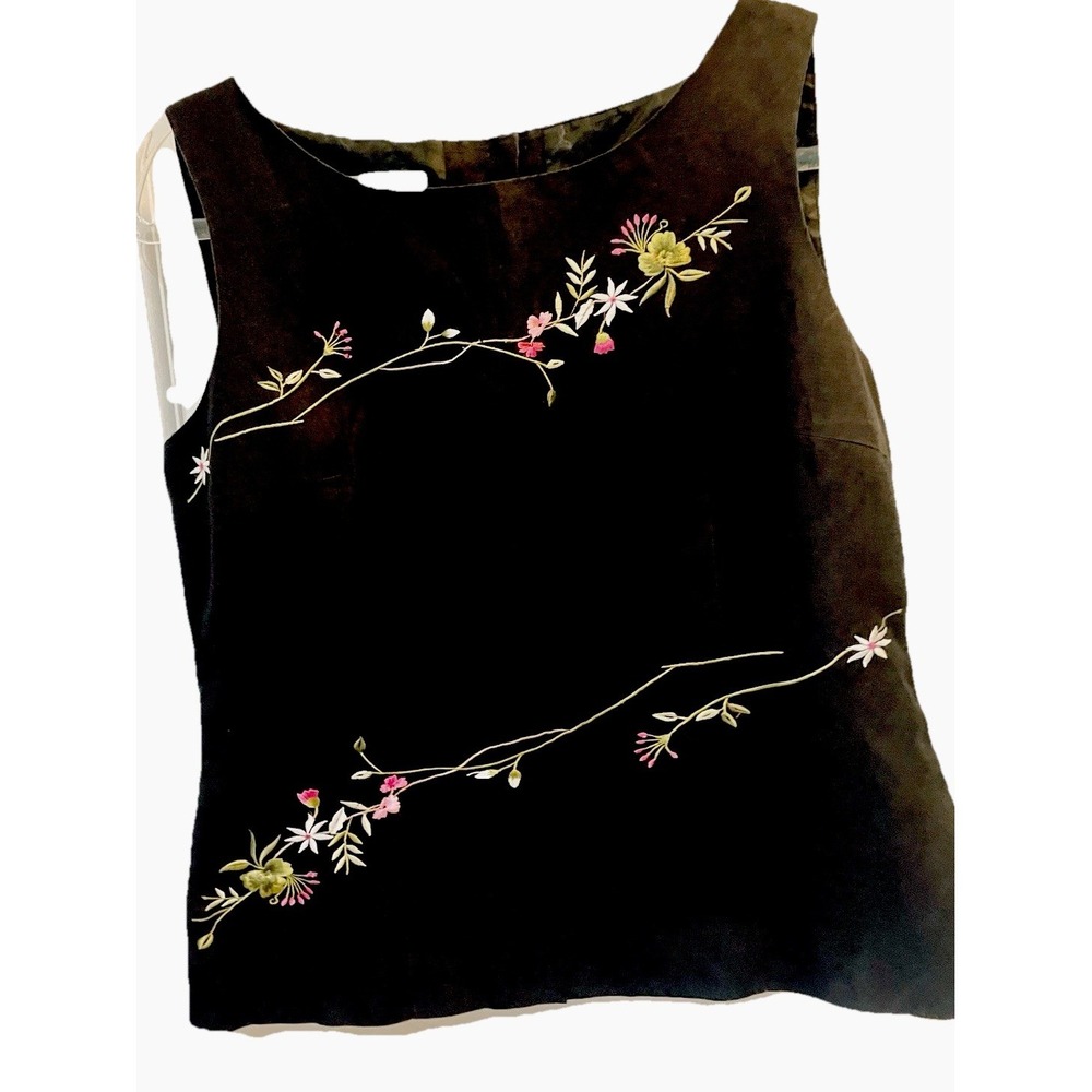 Vintage Women's 12 Embroidered Black Linen‎ Like Top Button Back Floral Unique